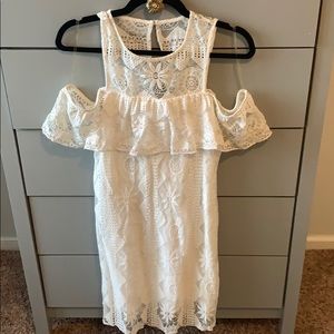 Francesca’s white lace cold shoulder dress